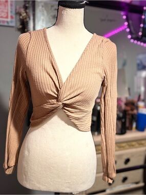 SHEIN Ribbed Twist-Front Long Sleeve Crop Top - Beige